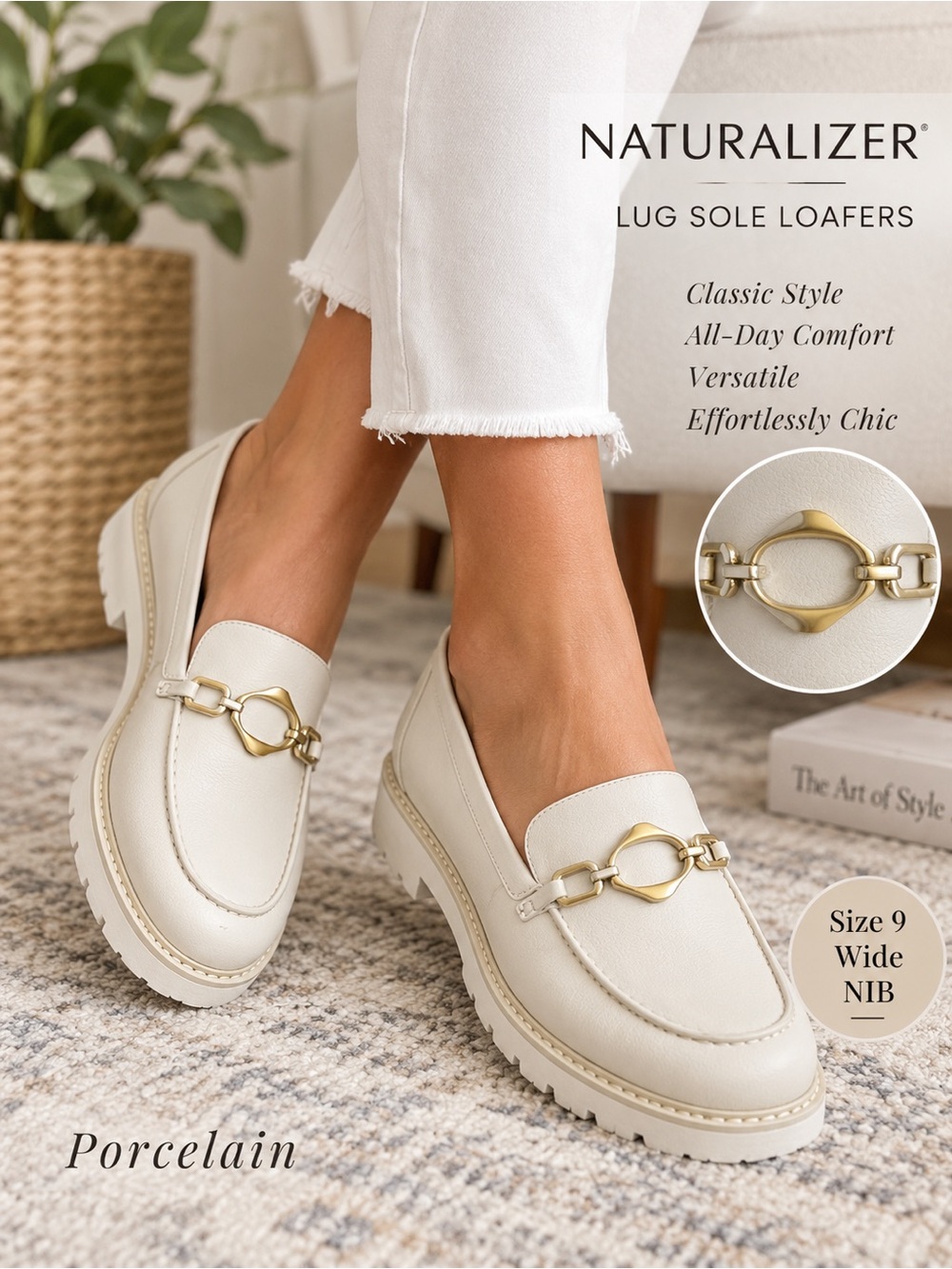 Naturalizer Porcelain Lug Sole Chain Loafers Slip On Shoes Wide Size 9 NIB